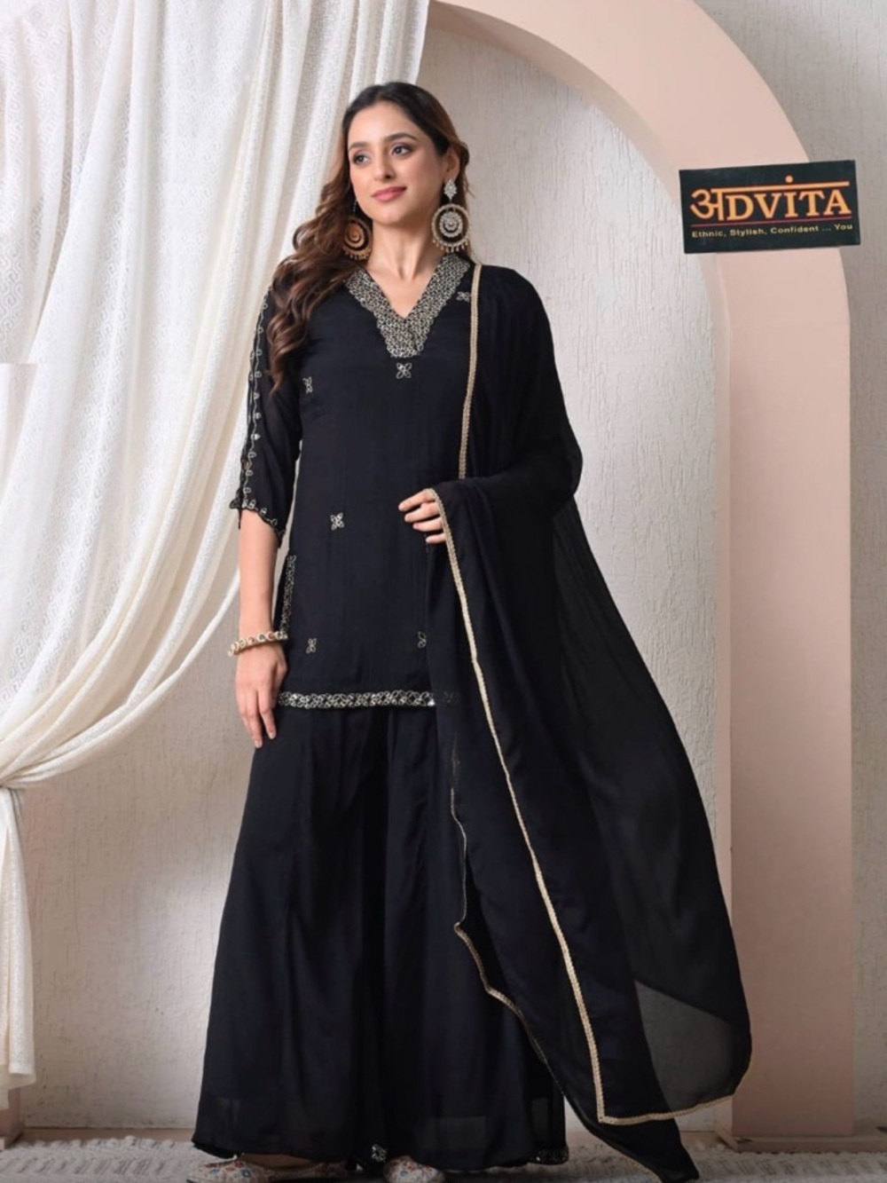 Women's Black Embellished Palazzo Pants Set. Advita brand